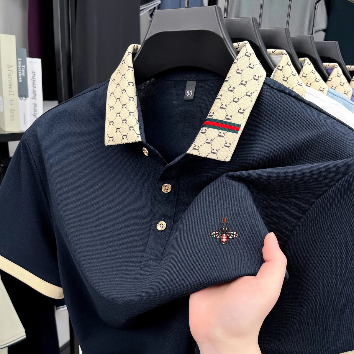 Camiseta de manga corta con solapa jacquard y letras con personalidad para hombre, polo de verano de marca de alta gama con bordado de Little Bee, tendencia de moda