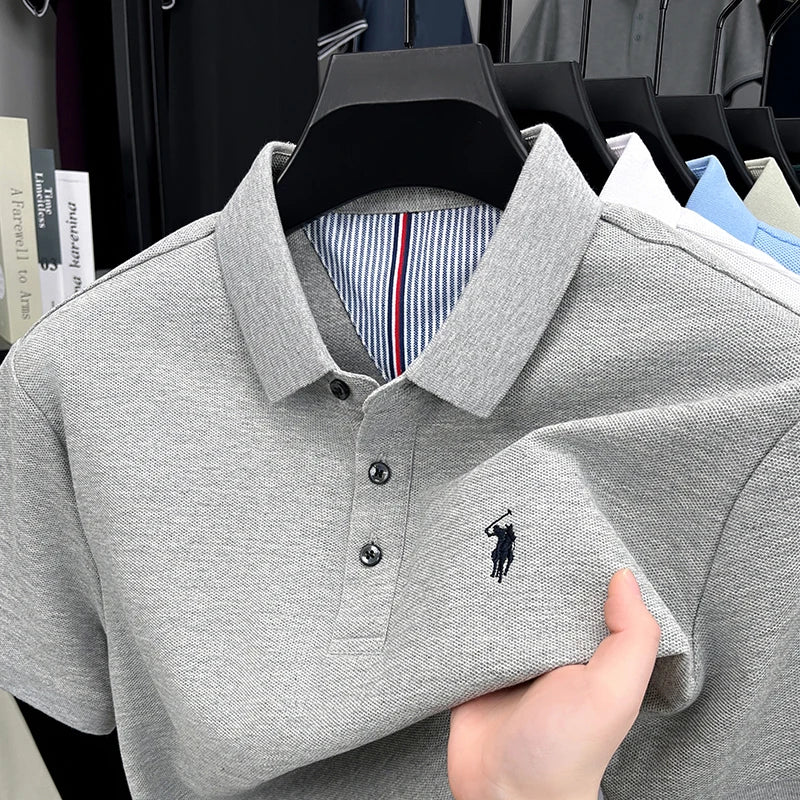 Polo de manga corta de algodón 100% puro para hombre camiseta informal de negocios con bordado de pony de marca de alta gama a la moda de verano