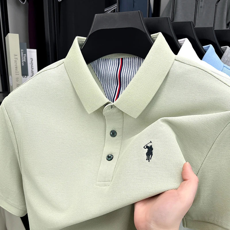 Polo de manga corta de algodón 100% puro para hombre camiseta informal de negocios con bordado de pony de marca de alta gama a la moda de verano